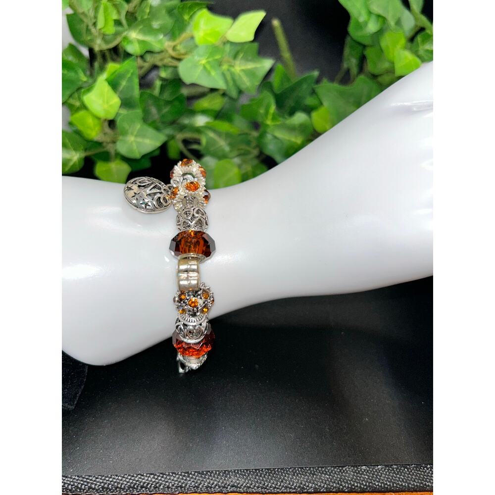 European Amber Style Charm Bracelet - Silver Tone Heart & Rhinestone Accents